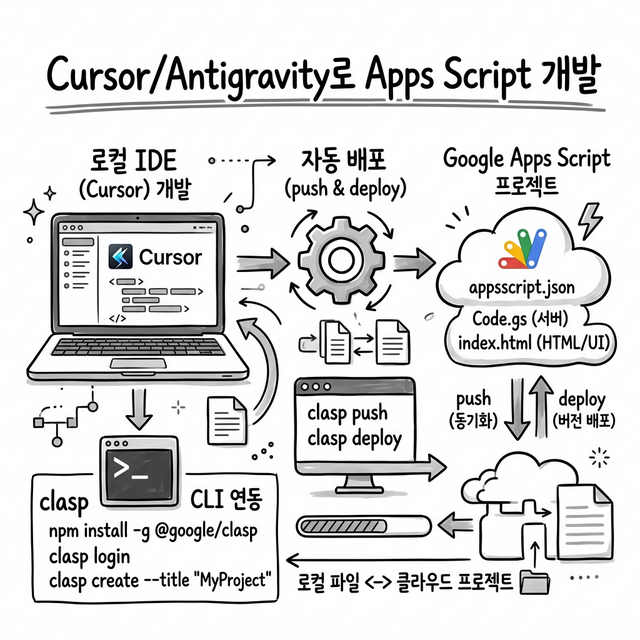 Cursor/Antigravity로 Apps Script 개발 인포그래픽